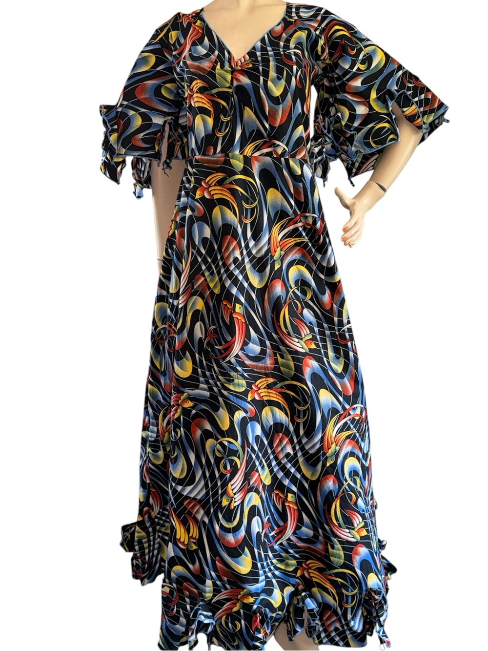 Ethnic Bird Print Maxi Dress with Flutter Sleeves